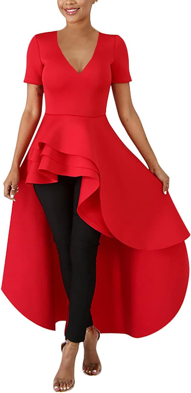 Lrady Womens V Neck Short Sleeve High Low Cocktail Party Dresses Peplum Tunic Tops Shirt Dress - Image 7