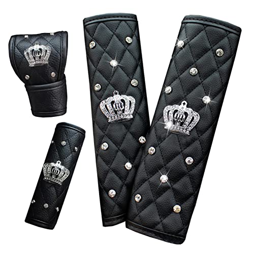 ALVAZA Leather Car Seat Belt Cover Shoulder Seatbelt Pad Handbrake Cover Gear Shift Cover with Bling Rhinestones Crown Car Accessories(4 Pcs) ALVAZA Leather Car Seat Belt Cover Shoulder Seatbelt Pad Handbrake Cover Gear Shift Cover with Bling Rhinestones Crown Car Accessories(4 Pcs)