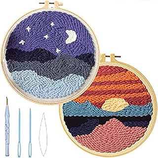 LIKEUDO 2 Pcs Punch Needle Embroidery Starter Kits, DIY Punch Needle Craft Embroidery Pattern Cloth Pen Hoop Yarn Rug Accessories for Adults Kids Beginner, Handcraft Punch Needle Tools Set