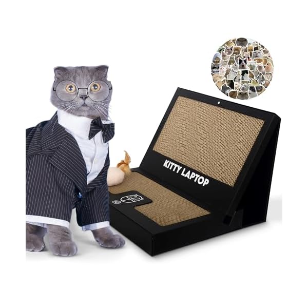 Kitty Laptop - Spielzeug für Katzen mit interaktiver Plüschmaus mit Katzenminze - Katzen-Computerspielzeug gegen Langeweile mit 50 Aufklebern