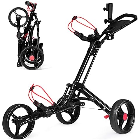 GOPLUS 3 Räder Golftrolley, Golfball Set aus Aluminium, Klappbarer Golf Wagenzum Schieben und Ziehen, Golf Cart mit Abschließbarem Rad, Verstellbarem Griff Cover