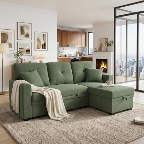 Image of KEIKI 71 inch Sectional L Shaped Pull Out Sofa Bed, Sleeper Sofa with Reversible Chaise, 3 Seater Modular Sectional Sofa with Storage for Living Room, Dark Green