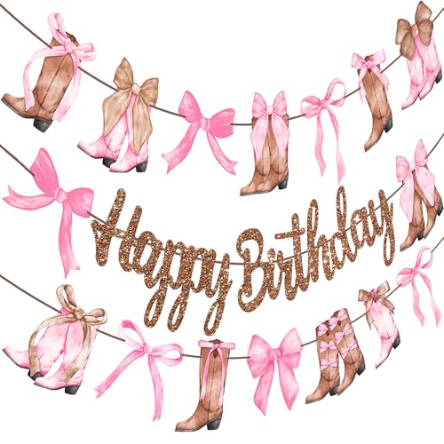 Coquette Cowgirl Birthday Party Supplies Cowgirl Boots and Bows Birthday Banners 3PCS Western Rodeo Party Decorations Bowknot Boots Cutout Banner for Wild West Bridal Shower Bachelorette Decor