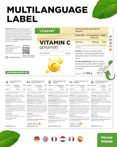 vit4ever Vitamin C gepuffert - 365 Kapseln - Hochdosiert mit 1000mg Vitamin C - Pflanzlich fermentiert (pH-neutral, säurefrei, magenschonend) - Vegan
