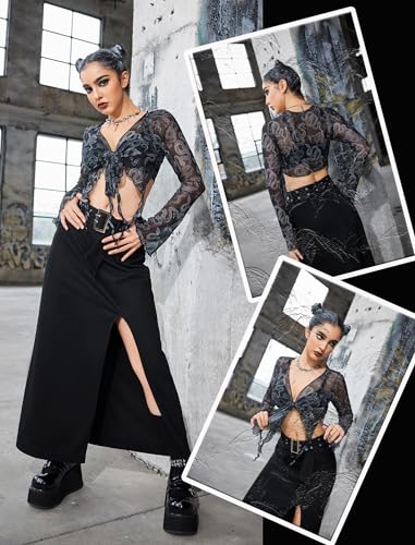 Image of Avidlove Women Mesh Crop Top Y2K Tie Front Tops Rave Top Sheer Cardigan Sexy V Neck Outfits S-2XL