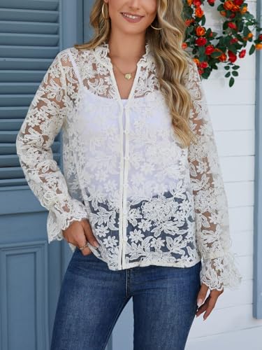Women‘s Lace Sheer Tops Ruffle Long Sleeve Button Down V-Neck Shirt Blouse for Women Boho Chic4