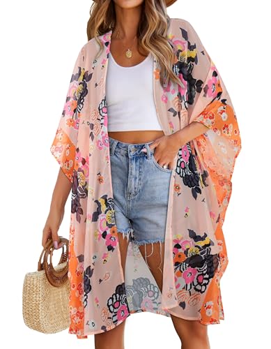 Image of Women's Kimono Swimsuit Coverups Summer Beach Loose Cardigans for Swimwear | CHICGAL Casual Open Front Chiffon Cover Up, 3 /4 Sleeve Lightweight Vacations Outfits 2026, Long Summer Resort Wear