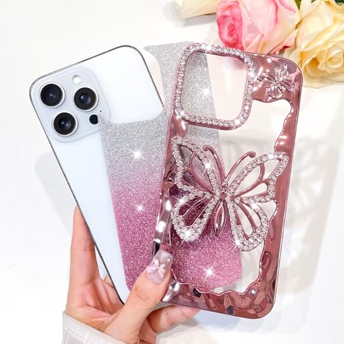 Coque iPhone 14 Pro Max paillettes rose avec papillon 3D strass - 2