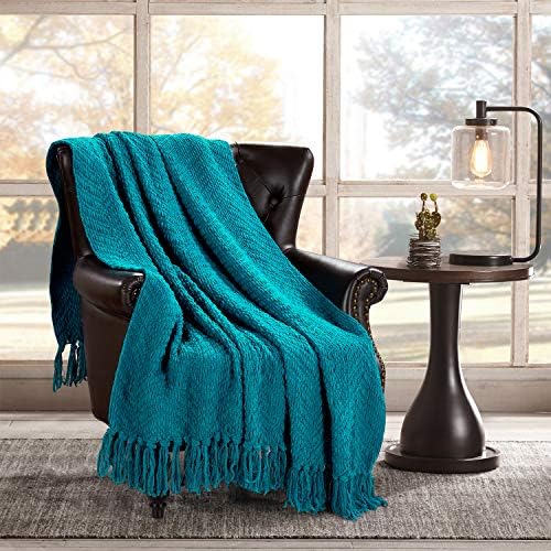 HOMEIDEAS Warm Tassel Knit Blanket Throw Size for Couch Sofa Bed, Teal Green Thick Knitted Armchair Office Chair Throw Blankets, Winter Chunky Blankets(50x60)
