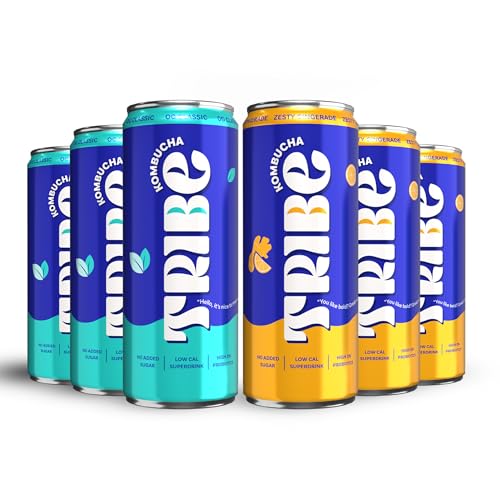 Image of Tribe Kombucha Naturally Sparkling Herbal Tea | Probiotic Super Drink | Green Tea with Herbs, Spices, Gingerade,Classic& Lemon | Gut Friendly | Gluten free | Antioxidant and Hydration | Pack of 6 |250 ML