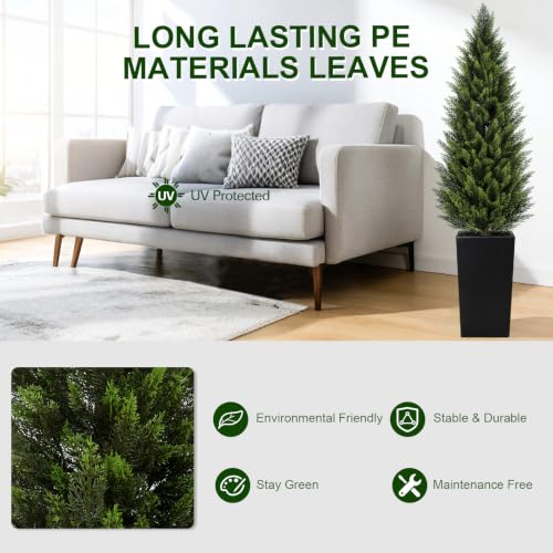 Image of VIVATREES 5FT Artificial Cedar Topiary Trees 2 Pack, Faux Cypress Plants with Black Square Planters, UV Resistant Outdoor Evergreen Decor for Front Porch, Patio, Garden & Home