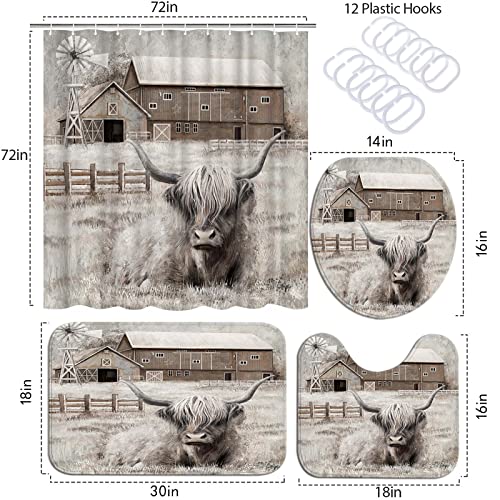 Atgowac Highland Cow Shower Curtain Set Rustic Shower Curtain Farmhouse Bathroom Decor Set (Highland Cow) #TOP4
