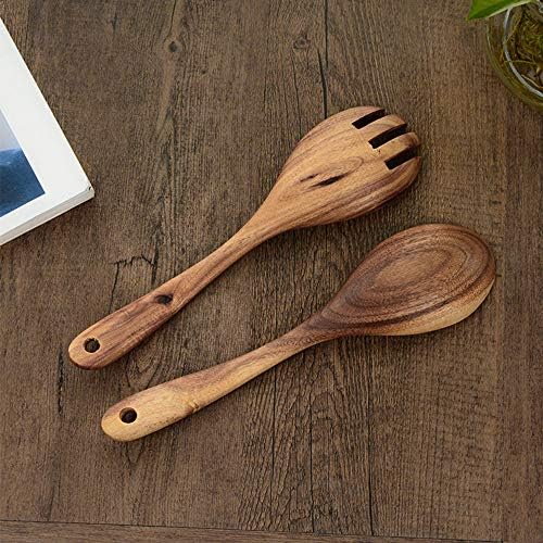 LWZko 2 Pieces Wooden Salad Servers, Wooden Spoon Fork, Wooden Salad Spoon And Fork Set, Wooden Salad Spoon, Natural Acacia Wood Portable Handmade Salad Fork Spoons for Salad Making, Kitchen Utensil