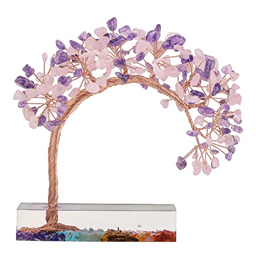 Nupuyai Amethyst & Rose Quartz Crystal Money Tree of Life with 7 Chakra Base
