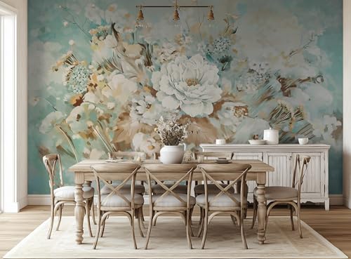 ASJ Large Peel and Stick Wall Mural, Elegant Teal and White Peony Floral Oil Painting Wallpaper, Straight Match Removable Self-Adhesive Textured Wall Art for Bedroom, Living Room (165"x100")