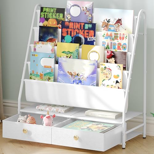 Image of MAHANCRIS Kids Bookshelf, 4-Tier Toddler Bookshelf with 2 Fabric Drawers, Metal Kids Bookshelf and Toy Storage, Small Nursery Book Shelf for Kids Room, Living Room, Study Room, White BKBW7401