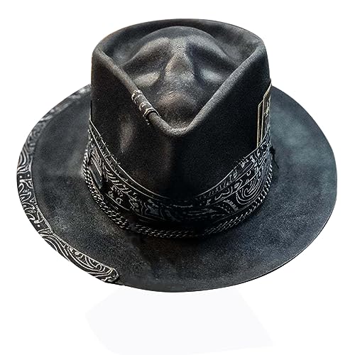 NURCIX Chapeau de cowboy en feutre occidental avec motif squelette gothique - Peluche noire pour Halloween avec tête de mort