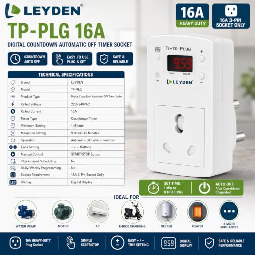 Image of LEYDEN TP-PLG 16A 220VAC, 16A, Digital Coundown Automatic Off Timer Plug Socket 1 Minute to 9 Hour 45 Minutes for Waterpump, Motor, AC, E-Bike, Gyser, Heater