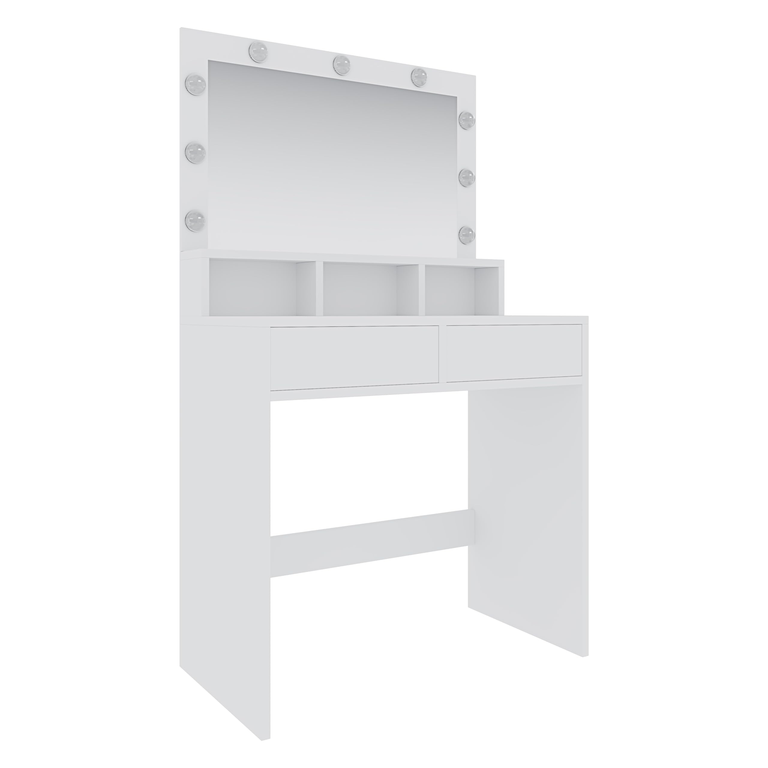 Toeletta Tavolino Da Trucco Tavolo Con 9 Luci LED Con Luminosità Regolabile 2 Cassetti 3 Scomparti A Giorno Specchio Orizzontale Postazione Make Up In Legno Design Moderno 40 x 80 x 140 Cm Bianco