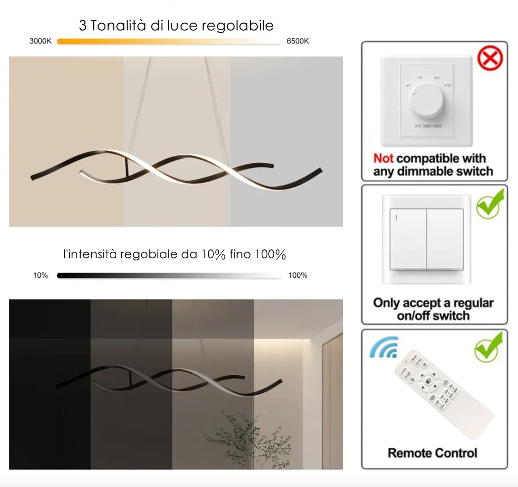 Dopastore Lampadario a Sospensione LED Design Spirale Bianco Nero Lampada Moderna 3 Tonalità di Luce Dimmerabile per Interno IP20 (Nero)