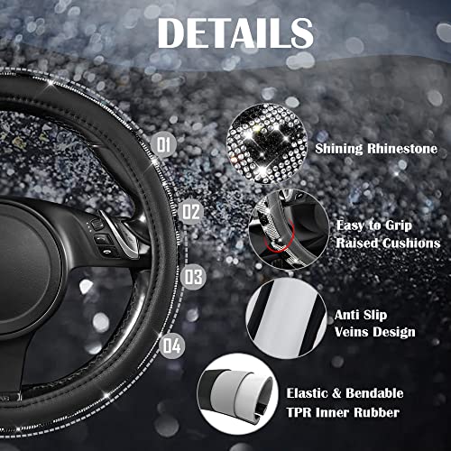 Image of CAR PASS Bling Cow Print Diamond Steering Wheel Cover, with Sparkly Crystal Glitter Rhinestones Black Leather Car Wheel Protect for Women Girl Fit Suvs,Vans,Sedans,Cars,Trucks, 14 inch 1 /2-15 inch Cow Design