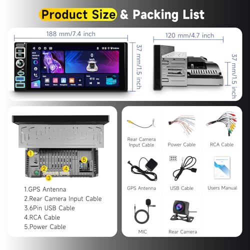 Hodozzy 4G+64G Android Car Stereo Single Din Touch Screen with Wireless CarPlay & Android Auto, 6.9 Inch 1 Din Car Radio with GPS Bluetooth WIFI, Mirror Link DSP FM/RDS Radio USB/Type-C SWC Camera - Image 6