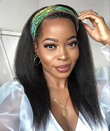 Aminow Kinky Straight Headband Wig, Soft & Natural as Human Hair, Glueless Headband Wigs for Black Women, Long Black Italian Yaki Synthetic Half Wig (1B Natural Black, 16 Inch)