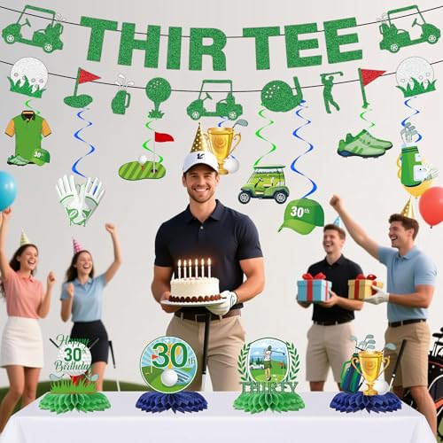 Image of Golf 30th Birthday Decorations Men - 14 Pcs Golf Themed Thir Tee Banners, Hanging Swirls, Honeycomb Table Centerpieces for Him Men 30 Birthday Celebration Sports Party Supplies Decoration