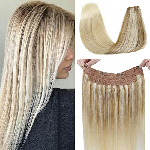 LaaVoo 20in Remy Human Hair Halo Hair Extensions Invisible Fish Line on Human Hair Extensions Balayage Ash Blonde Ombre to Medium Blonde and Platinum Blonde 11