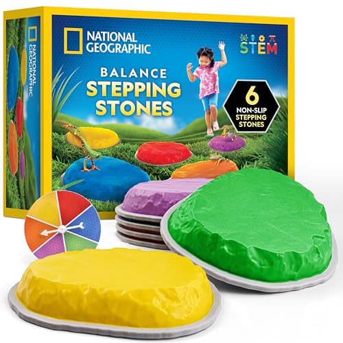 NATIONAL GEOGRAPHIC Stepping Stones for Kids 6 Durable Colorful Non-Slip Balance Stones Encourage Toddler Gross Motor Skills Includes Game Spinner Indoor & Outdoor Toys Obstacle Course