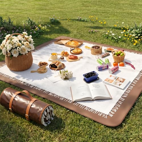 2-in-1 Boho Picnic Blanket, White Brown...