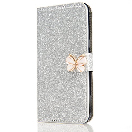3D Funny Cute Elegant Butterfly Bling Glitter Diamond Leather Stand Function Flip Kickstand Wallet with Card Slot Holder Protective Cover [Magnetic Closure] for Samsung S8 Plus