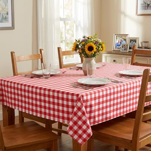 Image of sancua Checkered Vinyl Rectangle Tablecloth - 54 x 78 Inch - 100% Waterproof Oil Proof Spill Proof PVC Table Cloth, Wipe Clean Table Cover for Dining Tables, Buffet Parties and Camping, Red and White