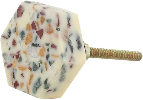 Indian Shelf Paquete de 2 pomos hexagonales color crema para cajones de terrazo de lujo para gabinetes de cocina, tiradores decorativos de piedra