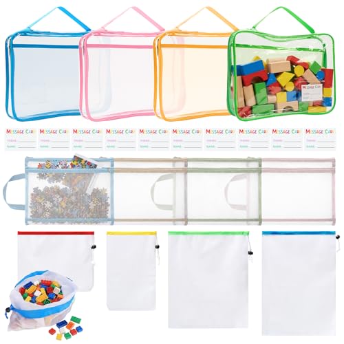 12 Pcs Toy Storage (Larger than others Organization Mesh Bags with Drawstring PVC Waterproof Organizer Bags Clear Zipper Toy Storage Bags with Handles Name Tag 10 Memo Cards) for Grocery