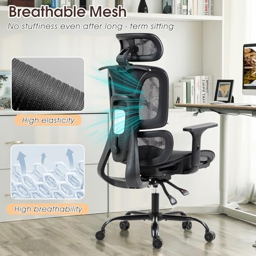 Image of ECOTOUGE Mesh Desk Chair, Ergonomic Office Chair with Lumbar Support, Adjustable Headrest & 3D Armrests, Reclining High Back Chair for Home, Black Gaming Chair for Adults