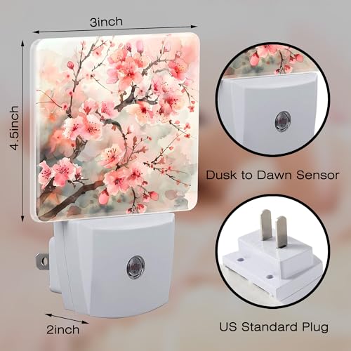 Image of Cherry Blossom Tree Night Light Plug into Wall,Pink Watercolor Cherry Blossom Flowers Dusk to Dawn Night Light Plug in,0.5w Energy Saving NightLight for Kids Boys Girls Home Decor