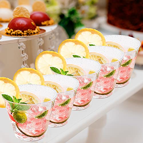 Focusline 100 Pack Silver Glitter Plastic Cups 9 Oz Clear Plastic Cups Tumblers, Fancy Disposable Hard Plastic Cups With Silver Glitter For Wedding Cups Elegant Party Cups #TOP7