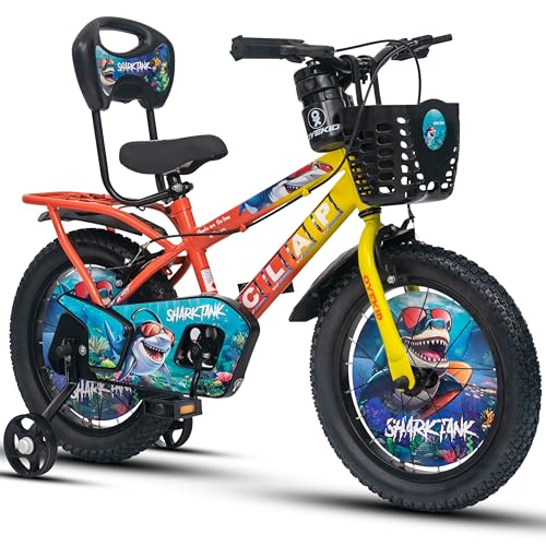 Image of Shark Tank 16T Kids Bicycle for Boys & Girls with Inbuilt Carrier, Front Basket, PU Soft Seat, Full Chain Cover & Stylish Wheelcards (Yellow /Orange)