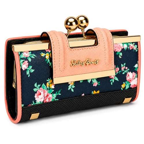 Image of Floral Wallet for Women, Vintage Kiss-Lock Clutch Purse | 10 Card Slots, Full-Length Bill Compartment and Organized Storage,Secure Kiss-Lock Closure, Vintage PU Leather Gift Box