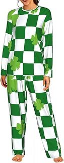 Generic Women Green‑White Checker Clover Long‑Sleeve Pajama Set Soft Loungewear (black,S)