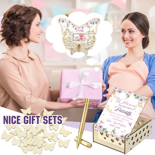 Image of Wenqik 63 Pcs Butterfly Baby Shower Guest Book Alternatives Set Baby Shower Decorations with Photo Frame Sonogram Frame Keepsake 60 Wood Slices Guest Book for Birthday