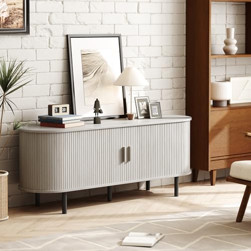 Image of ONBRILL 55 inch TV Stand with Power Outlet for TVs up to 60 Inch, Entertainment Center with Storage and Adjustable Shelves, Modern Media Console with Sliding Doors for Living Room, Natural White