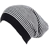 an Long Beanie Hat Black & White Striped Lightweight Soft Knit Cap