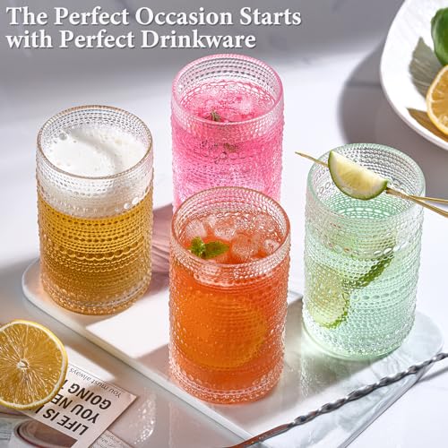 Mfacoy Large Vintage Hobnail Drinking Glasses Set of 6, 12 oz Cocktail Glasses,Highball Glasses, Embossed Glass Cups, Clear Water Tumbler, Glassware for Beer, Juice, Cocktail, Whiskey, Milk