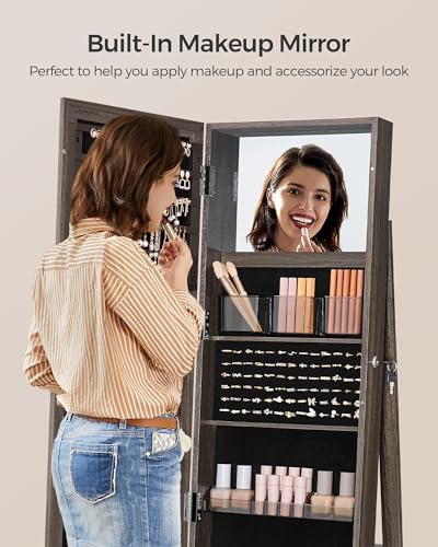 SONGMICS 360° Swivel Jewelry Cabinet, Lockable Jewelry Organizer with Full-Length Mirror, Rear Storage Shelves, Interior Mirror, Jewelry Armoire, Gift Idea, Ash Brown UJJC006K02