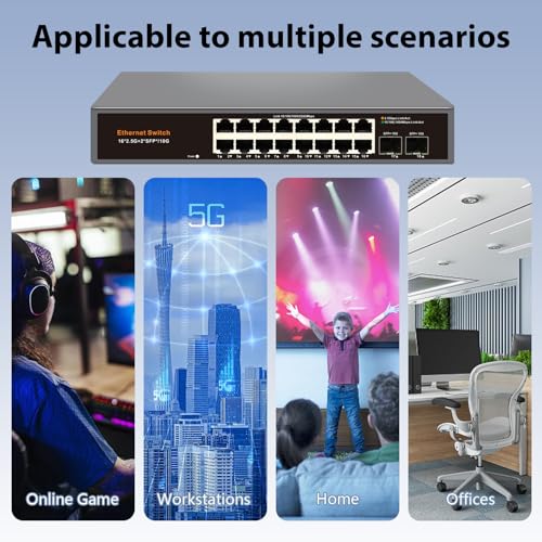 Image of 18-Port 2.5G Unmanaged Ethernet Switch, 16x2.5G RJ45 Ports, 2x10G SFP+ Uplink, Supports 100 /1000 /2500Mbps, Fanless Metal Casing, Plug & Play, Ideal for Wireless AP, NAS, PC and Home Network