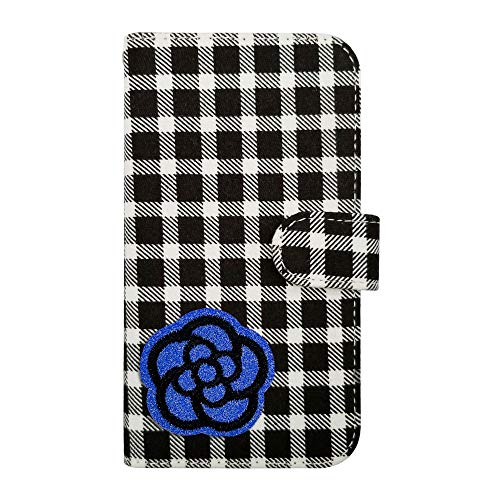 sslink iPhone 17 アイフォン17 対応 手帳型 ケース カメリア(ネイビーグリッターラメ) デコ かわいい おしゃれ ワッペン 刺繍 キラキラ (チェック02) チェック柄 千鳥柄 ファブリック 布 生地 PUレザー 合皮 ダイアリータイプ