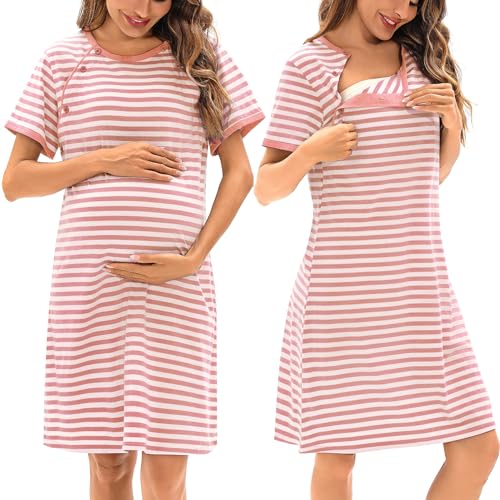 Sykooria Women's Maternity Nightdress Breastfeeding Nightwear Short Sleeve Nursing Nightgown Button Down Sleep Shirt V Neck Pajama Tops Soft Loungwear For Pregnant Women(Stripe Pink,L)