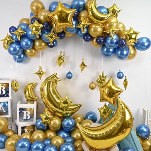 Image of Star and Moon Balloons New Years Balloons 36 Inch Metallic Gold Moon Foil Balloon 18 10 In Gold Star Shaped Balloon for Happy New Year Eve Ramadan Eid Baby Shower Wedding Birthday Party Decor